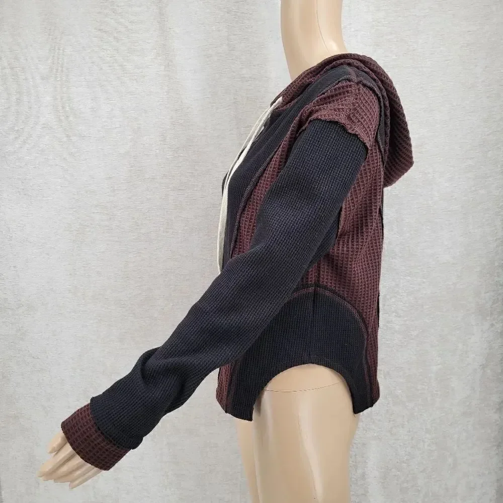 POL Brown and Black Waffle Knit Full Zip Hooded Jacket Sweatshirt Women's Small